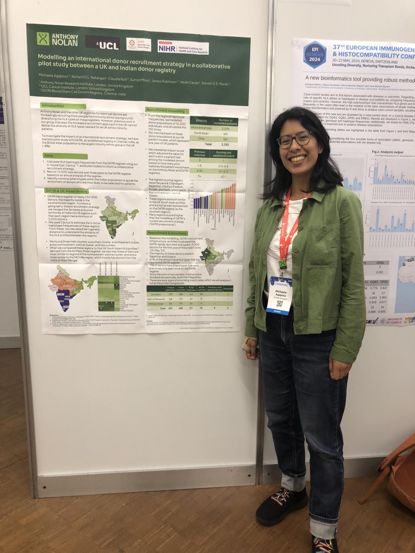 A smiling scientist stands by their scientific poster at a conference